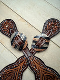 Dark Oiled Leaf Tooled Silver Studded Spur Straps