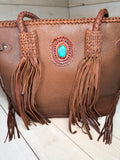 Turquoise Stone Soft Leather Braided Tassel Tote