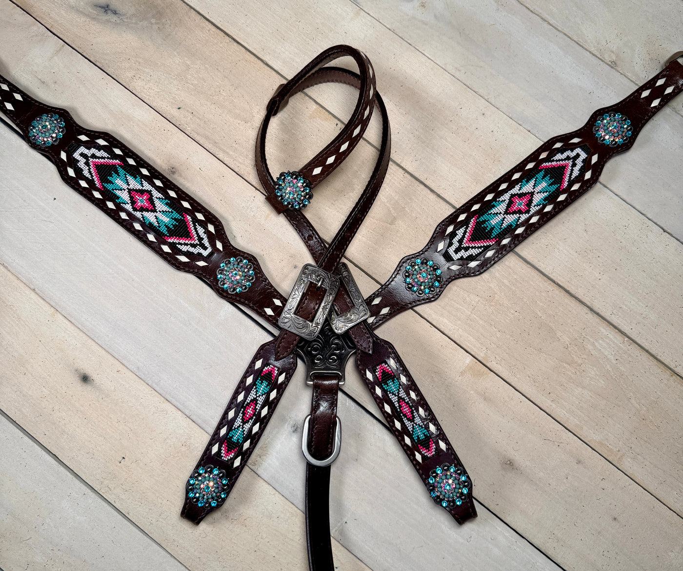 Neon tribal beaded leather tack set in pink, yellow and turquoise