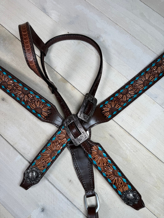 Sunflower Teal Buckstitch Dark Leather Tack Set