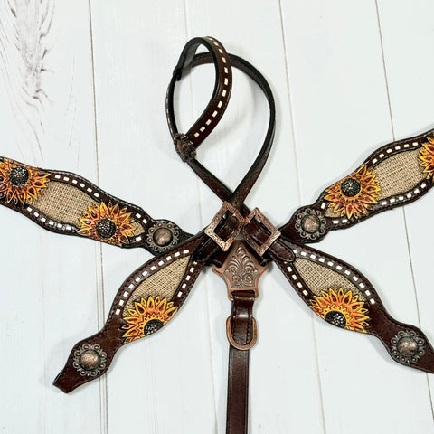 Dark Leather Sunflower Buckstitch Burlap Inlay  Tack Set