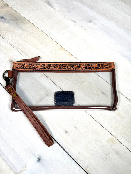 Clear Floral Tooled Leather Wristlet