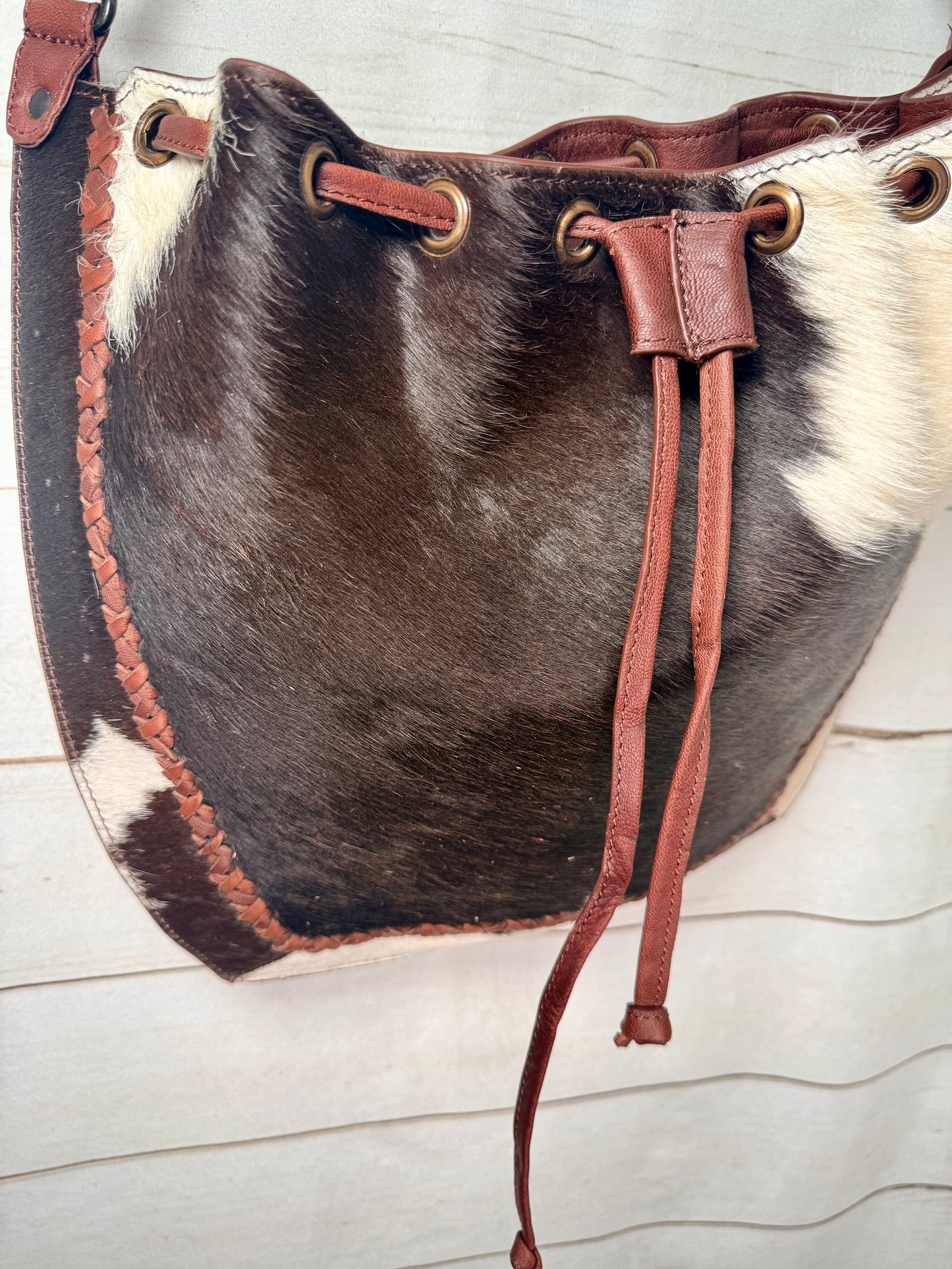 Hide and Leather Bucket Hobo Bag
