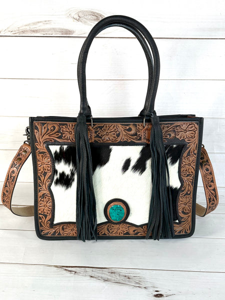 Black and Brown Leather Cowhide Large Tote
