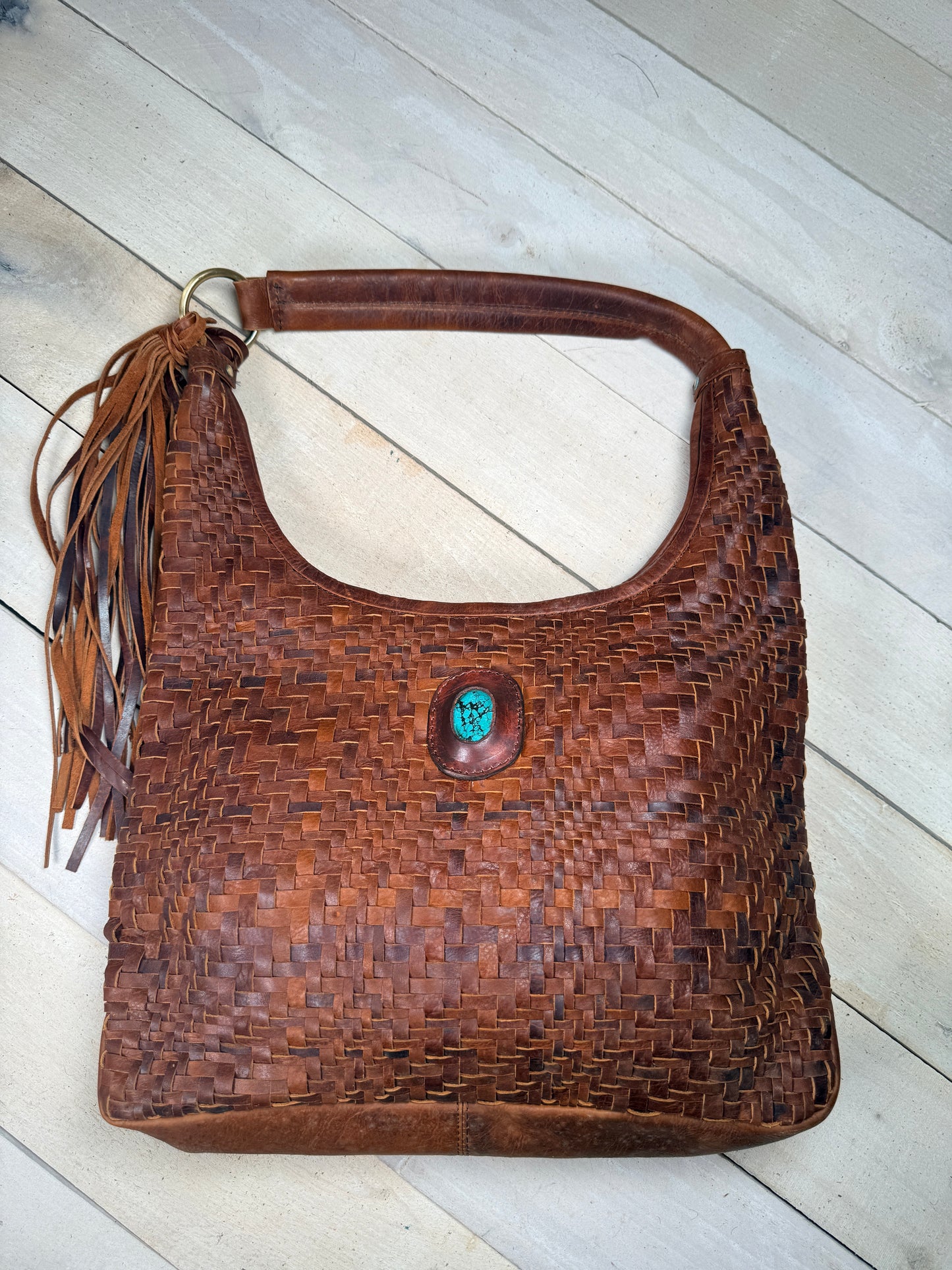 Basket Weave Leather with Turquoise Stone Hobo Bag