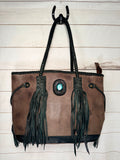 Turquoise Stone Soft Leather Braided Tassel Tote