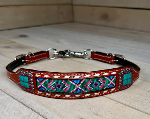 Pink Teal Beaded with Turquoise Stone Wither Strap