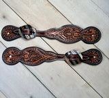 Dark Oiled Leaf Tooled Silver Studded Spur Straps
