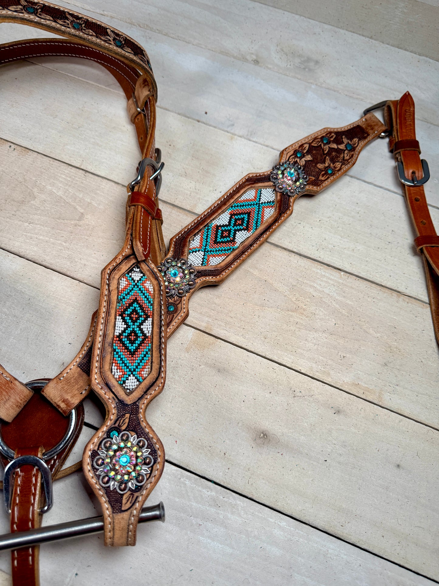 Daisy Tooled Teal and Coral Beaded Tack Set