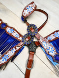 Painted Blue Flower Metallic Fringe Tack Set