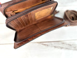 Brown Floral Tooled Buckstitch Carryall Wallet