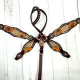 Dark Leather Sunflower Buckstitch Burlap Inlay  Tack Set