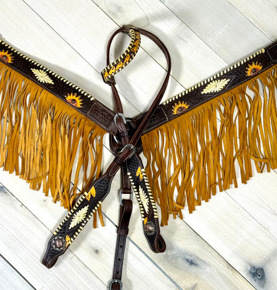 Dark Leather Crosshatch Sunflower Fringe Tack Set with Cream Whipstitch