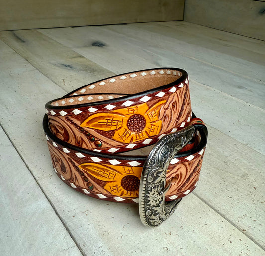 Painted Sunflower Floral Tooled Whipsticth Belt