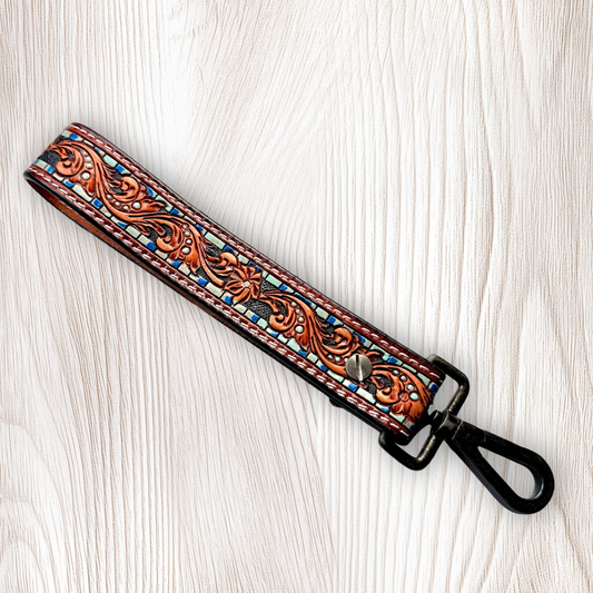 Blue Dot Tooled Leather Wristlet Keychain