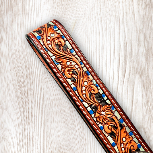 Blue Dot Tooled Leather Wristlet Keychain