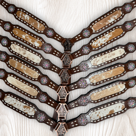 Cowhide on Dark Leather Tack Set with Buckstitch and Crystal Conchos