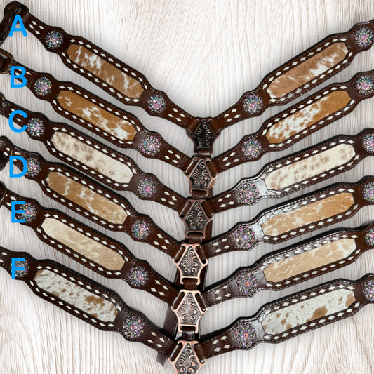 Cowhide on Dark Leather Tack Set with Buckstitch and Crystal Conchos