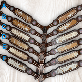 Cowhide on Dark Leather Tack Set with Buckstitch and Crystal Conchos