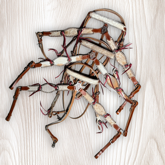 Tan and Cream Cowhide Tassel Whipstitch Tack Set