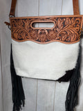 Brown Hide Tooled Handle Fringe / Crossbody Handbag