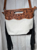Brown Hide Tooled Handle Fringe / Crossbody Handbag