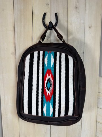 aztec leather backpack CLEARANCE! Black and White Striped Blue & Red Aztec Wool Pattern Leath – Cowgirl Barn & Tack