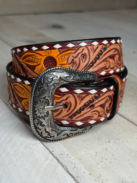 Painted Sunflower Floral Tooled Whipsticth Belt