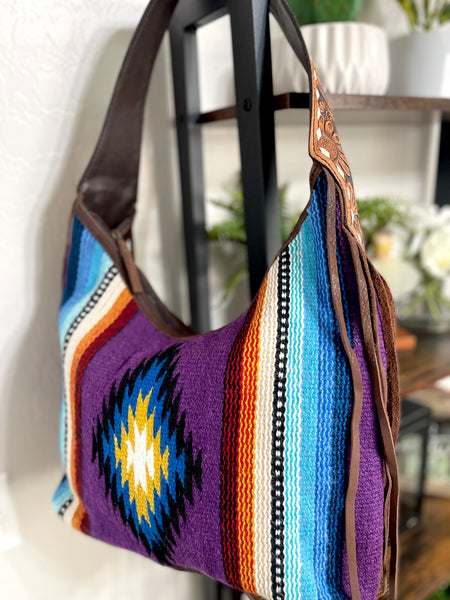 Purple Serape Wool Pattern Hobo Leather Fringe Handbag