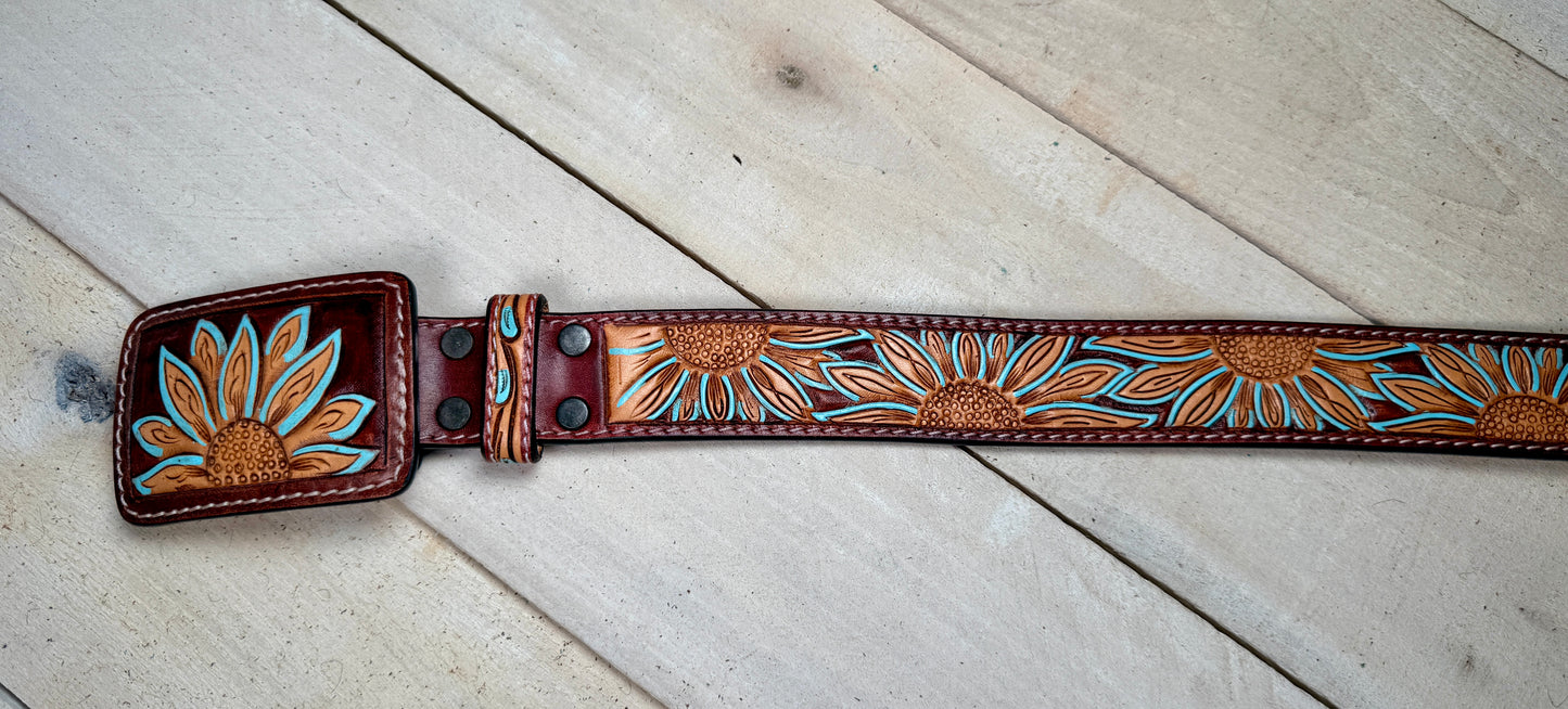 Turquoise Sunflower Tooled Leather Belt