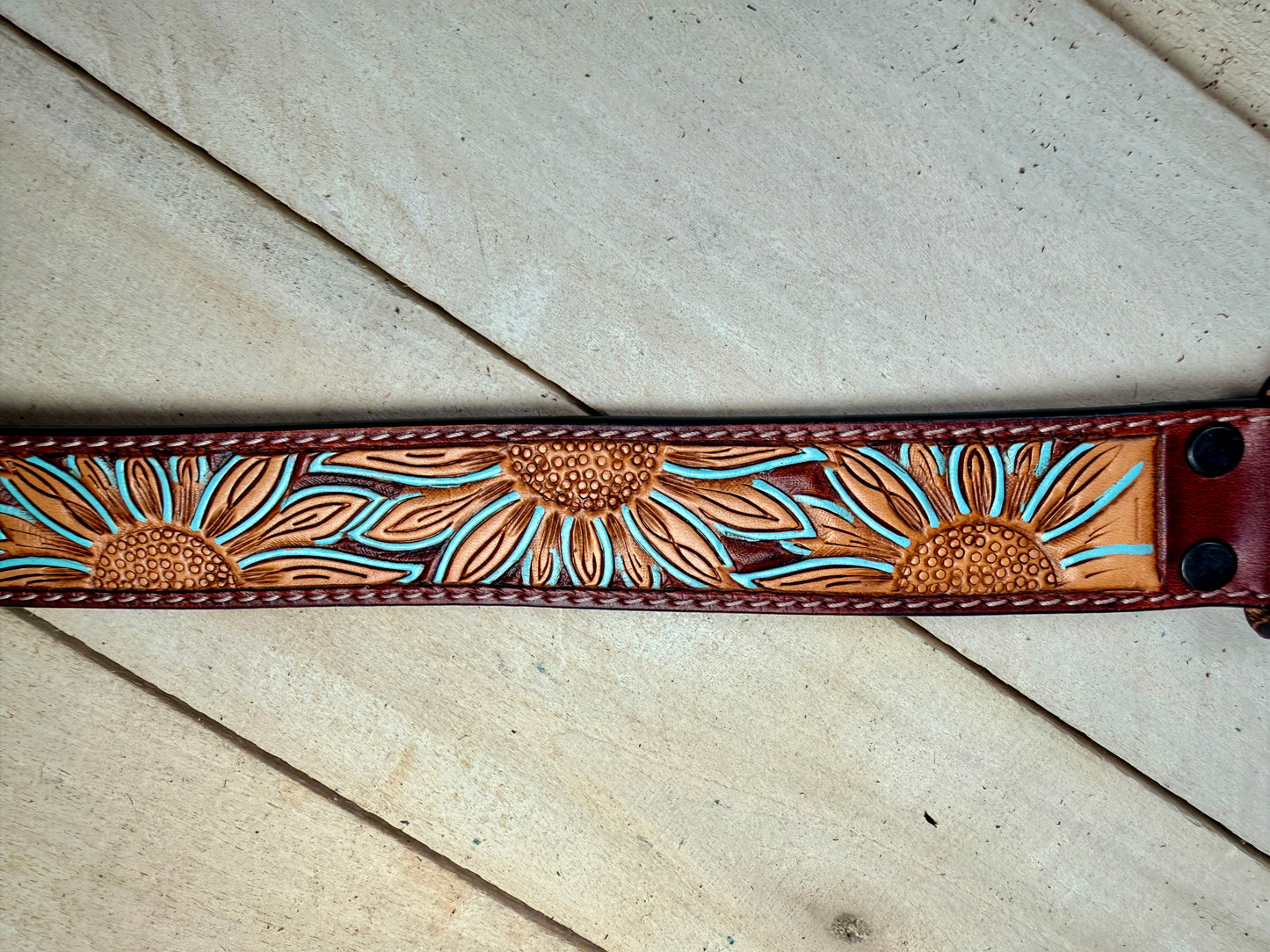 Turquoise Sunflower Tooled Leather Belt