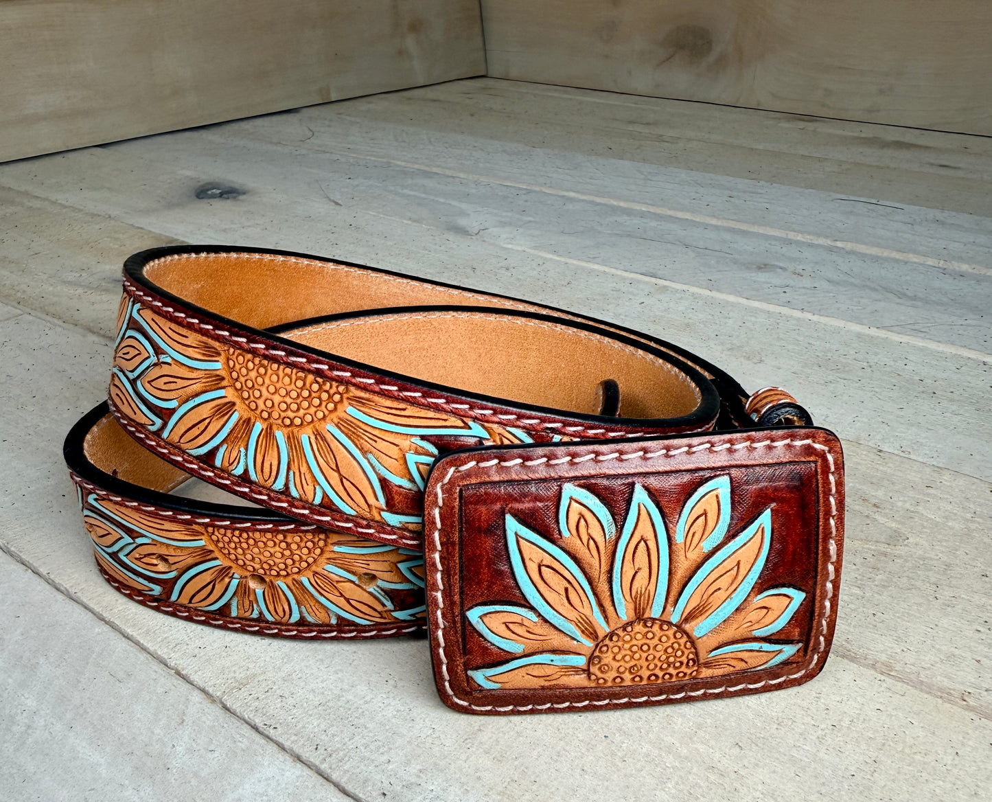Turquoise Sunflower Tooled Leather Belt