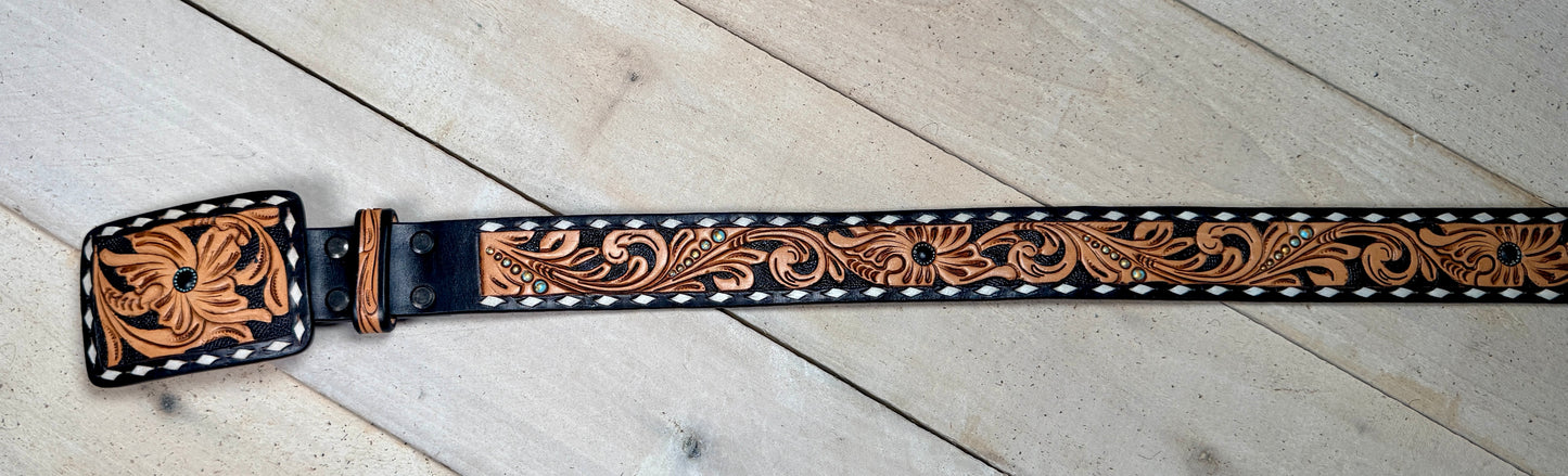 Black Inlay White Buckstitch Floral Tooled Leather Belt