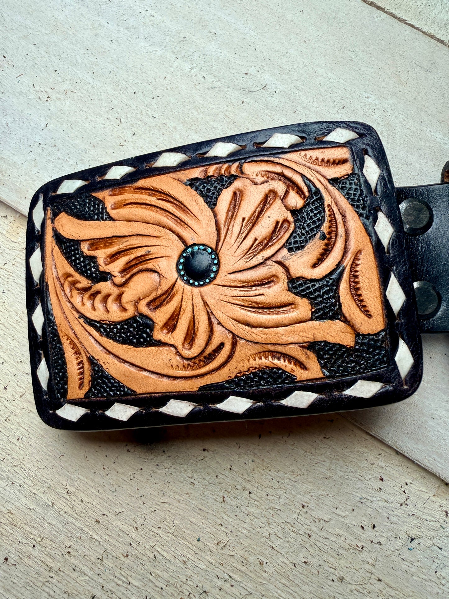 Black Inlay White Buckstitch Floral Tooled Leather Belt