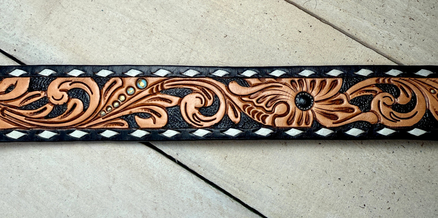 Black Inlay White Buckstitch Floral Tooled Leather Belt