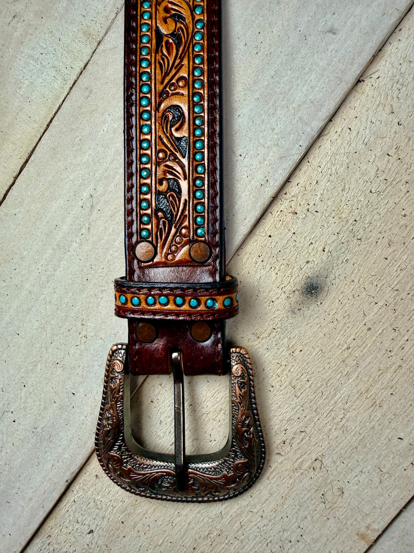 Turquoise Dotted Floral Tooled Leather Belt