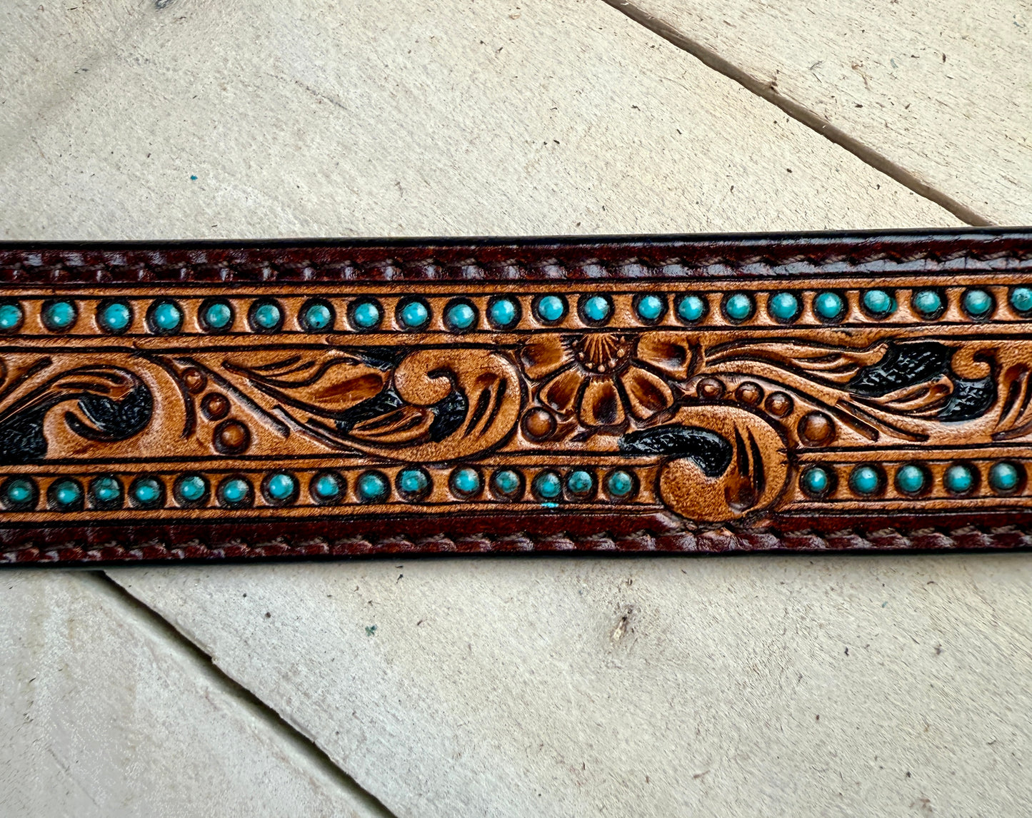 Turquoise Dotted Floral Tooled Leather Belt