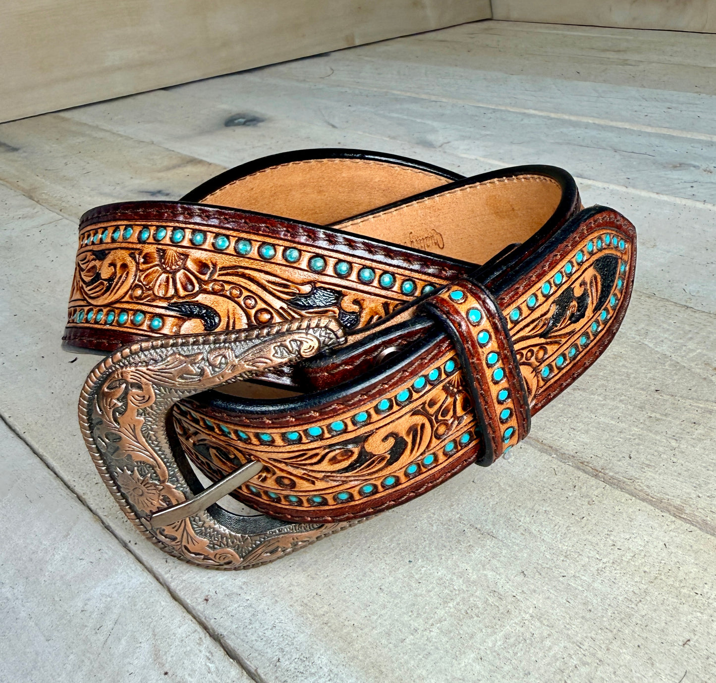 Turquoise Dotted Floral Tooled Leather Belt