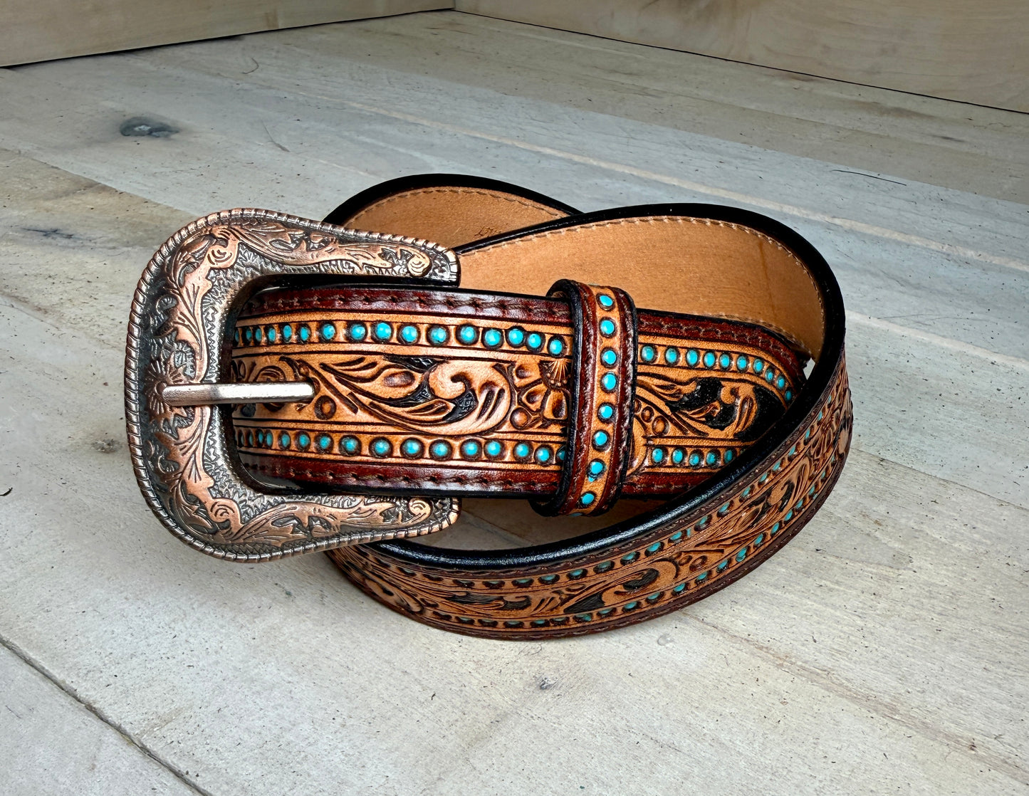 Turquoise Dotted Floral Tooled Leather Belt
