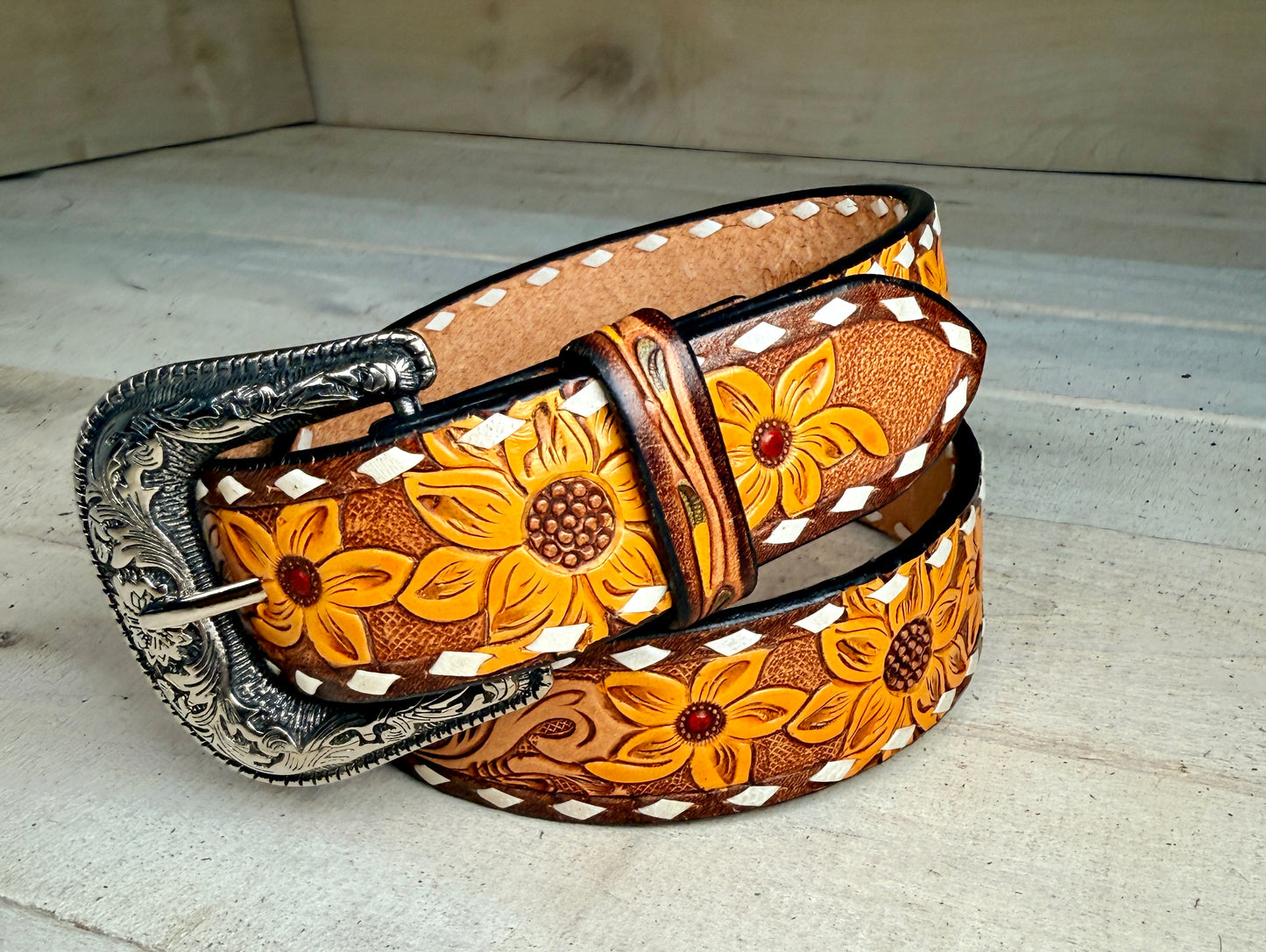 Sunflower Tooled White Buckstitch Leather Belt
