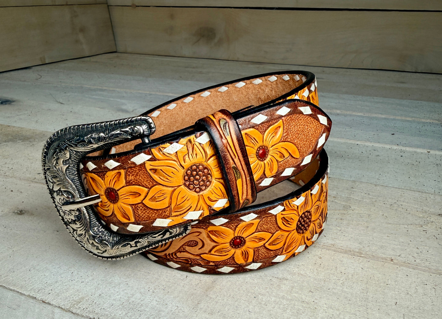 Sunflower Tooled White Buckstitch Leather Belt