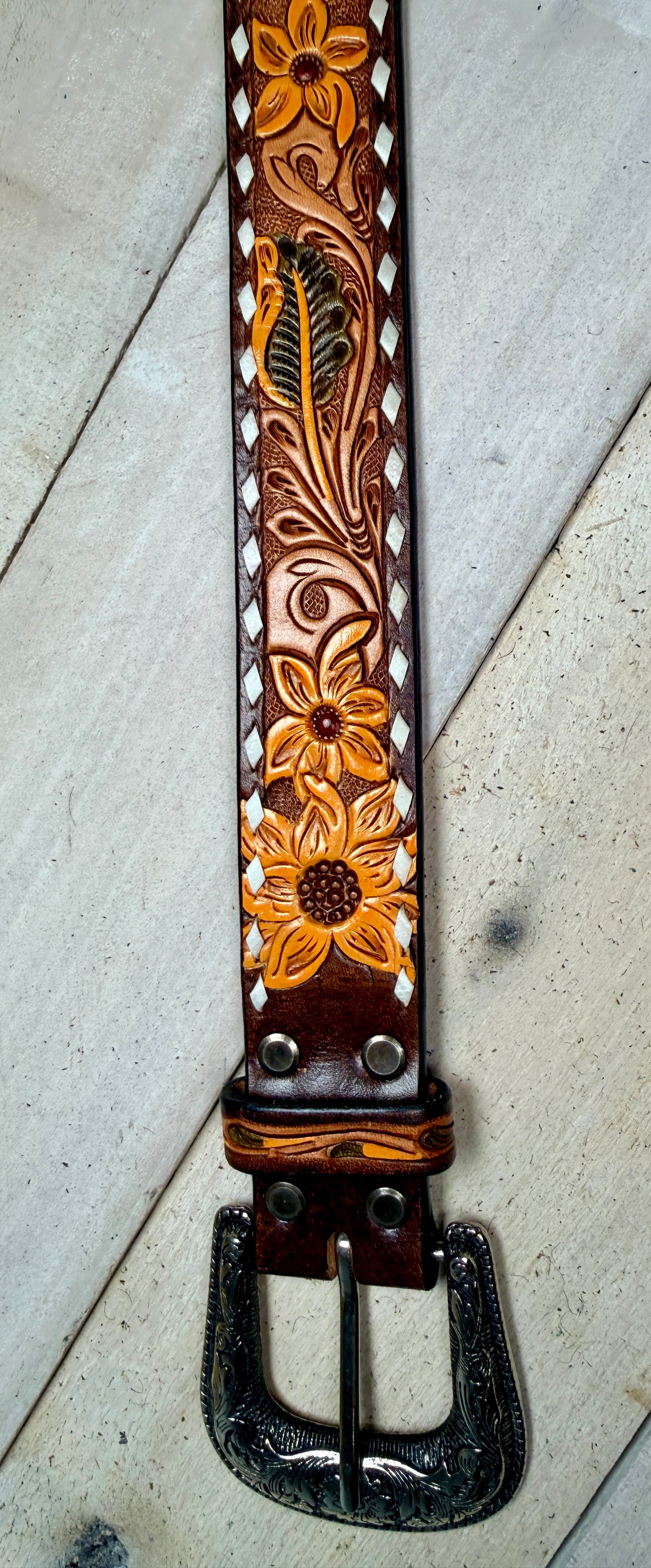 Sunflower Tooled White Buckstitch Leather Belt