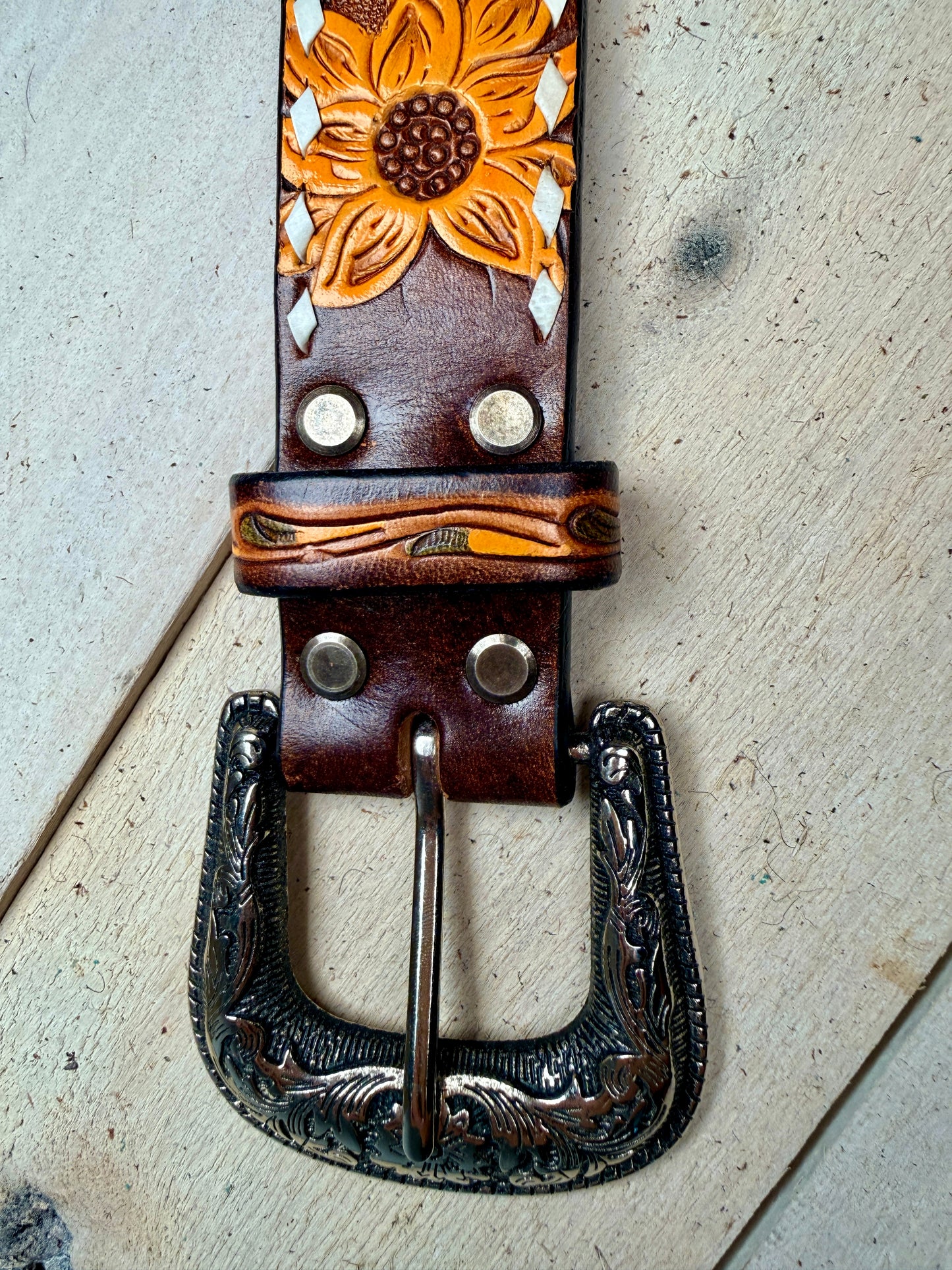 Sunflower Tooled White Buckstitch Leather Belt