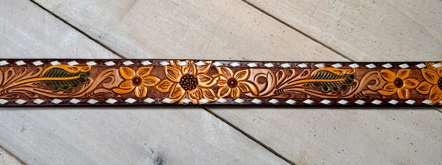 Sunflower Tooled White Buckstitch Leather Belt