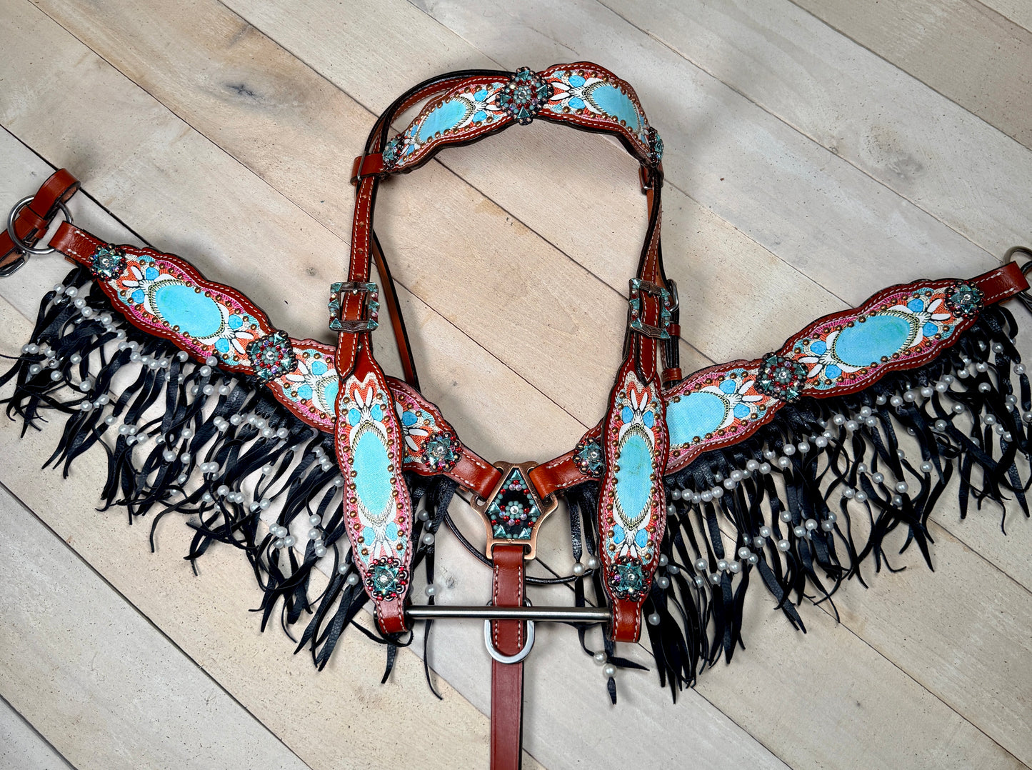 Western Mirage Copper Studded Pearl Fringe Tack Set