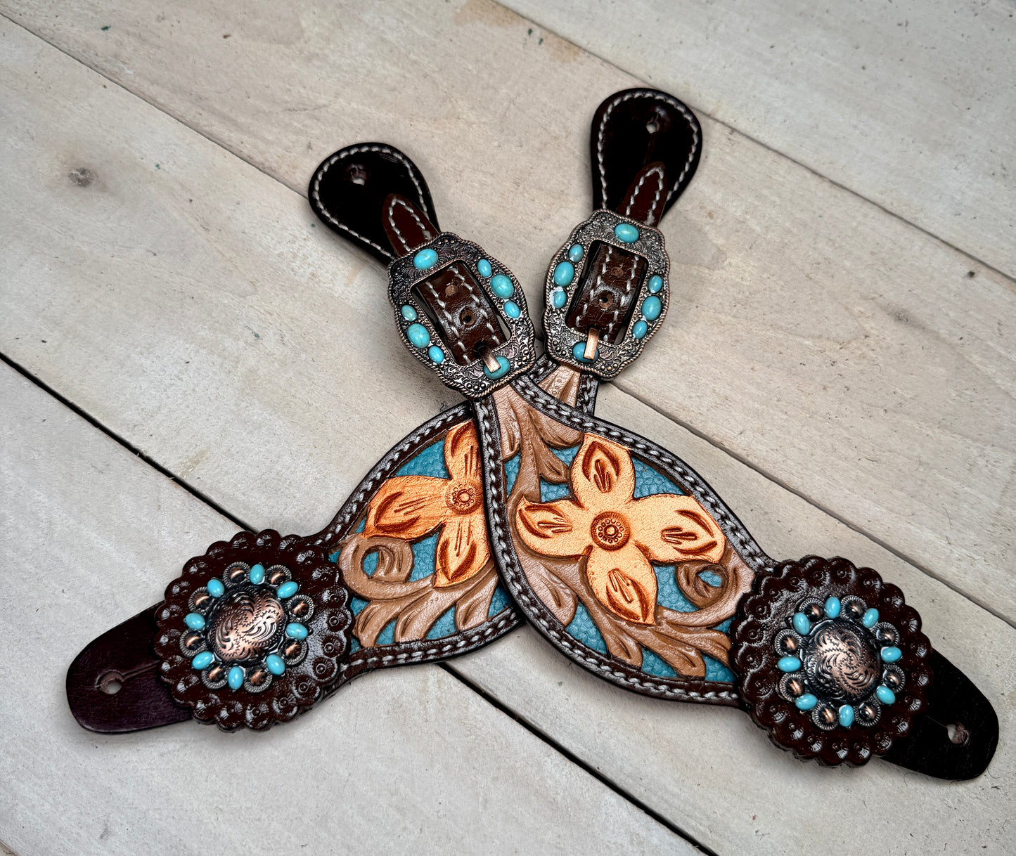 Teal Inlay Floral Tooled Leather Spur Straps