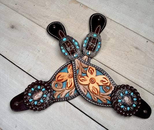 Teal Inlay Floral Tooled Leather Spur Straps