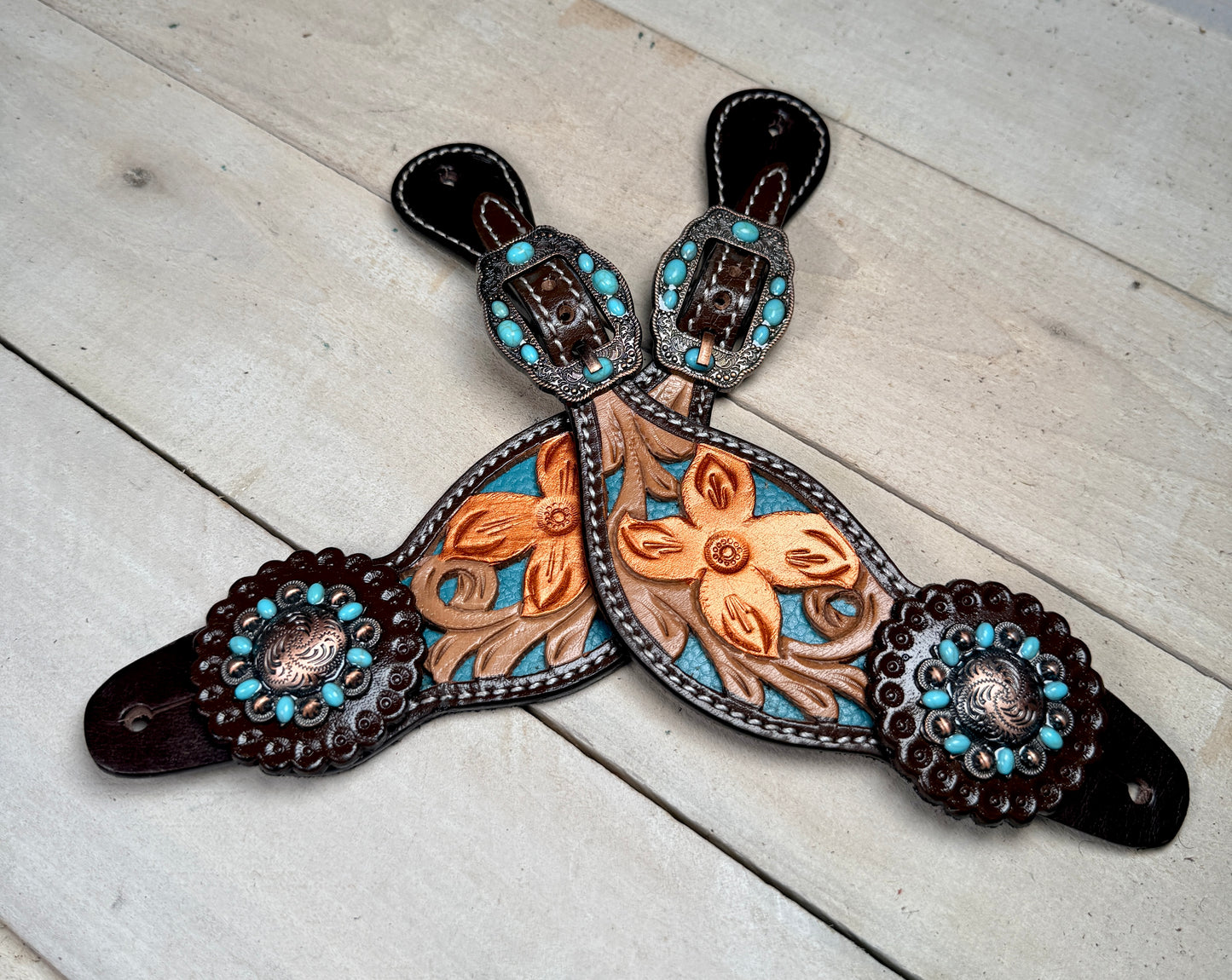 Teal Inlay Floral Tooled Leather Spur Straps