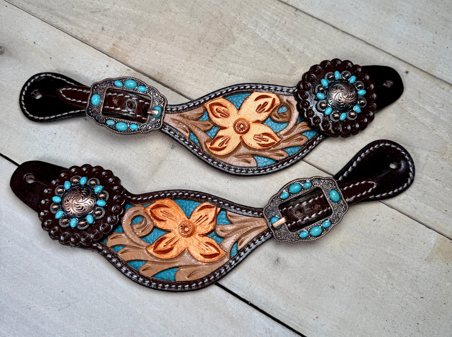 Teal Inlay Floral Tooled Leather Spur Straps