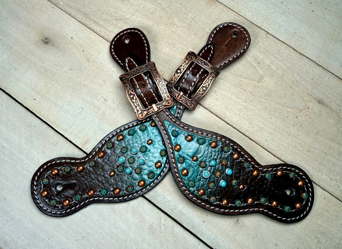 Brown and Teal Studded Leather Spur Straps